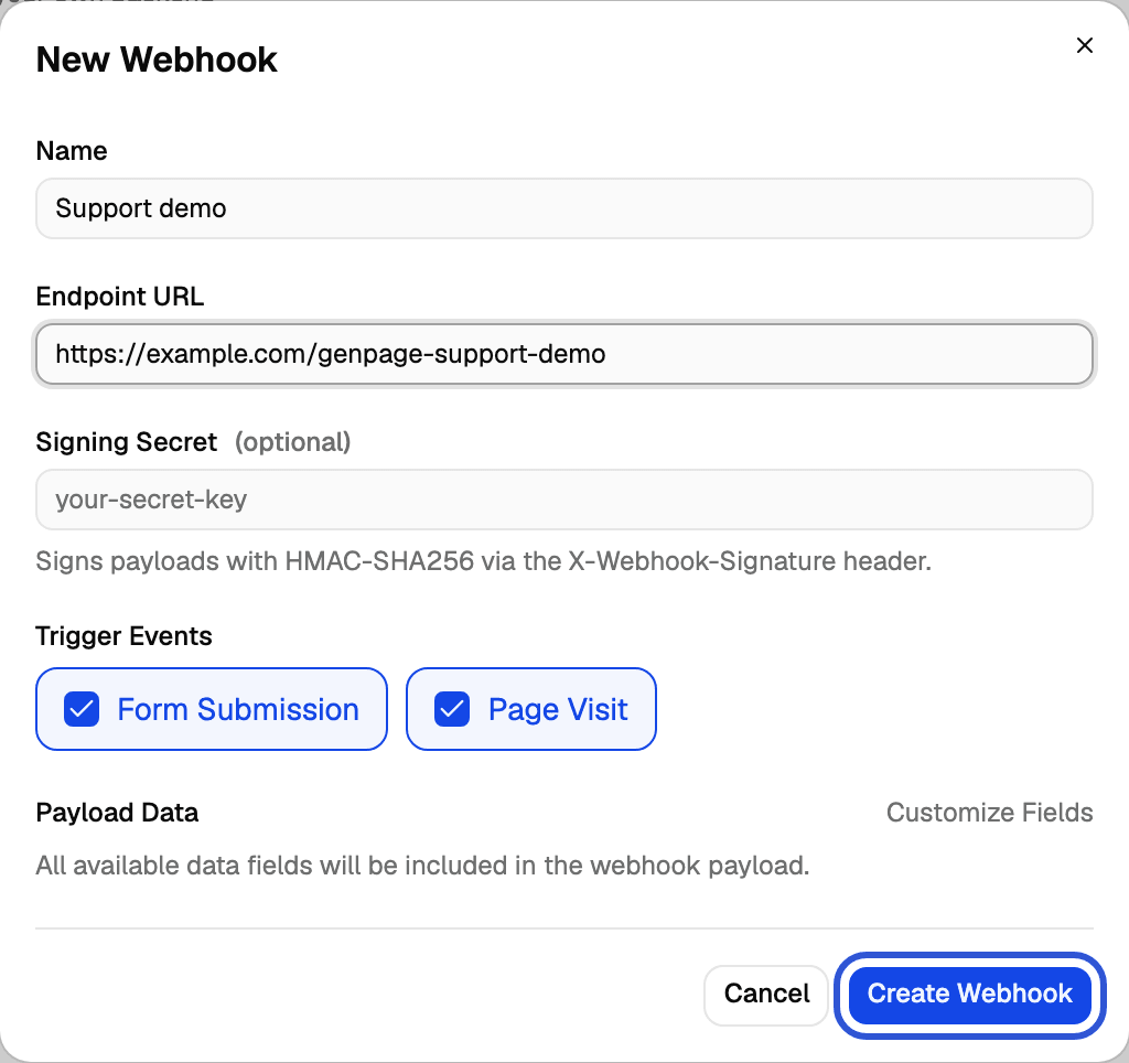 New Webhook dialog with a name and endpoint URL filled in, both trigger events ticked, and the Create Webhook button highlighted