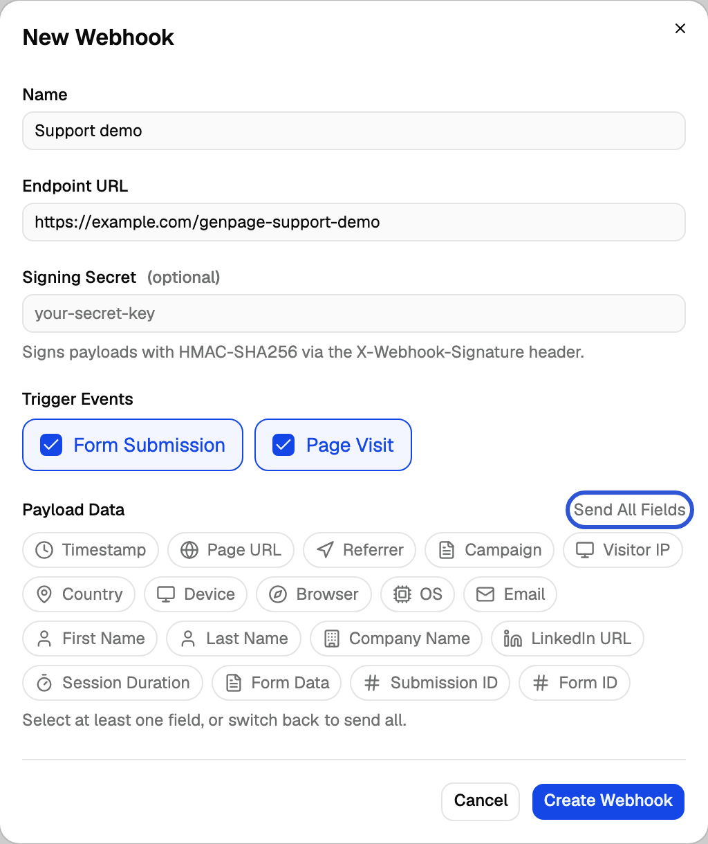 New Webhook dialog with Customize Fields open, showing the selectable payload fields and the Send All Fields link highlighted