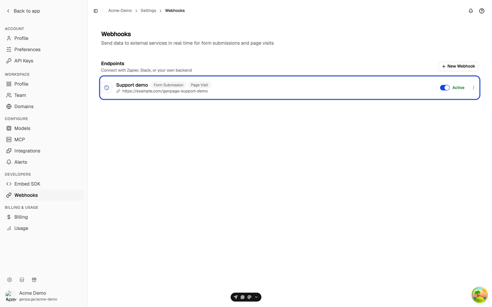 Endpoints list showing the new webhook with Form Submission and Page Visit badges and its Active switch, the row highlighted