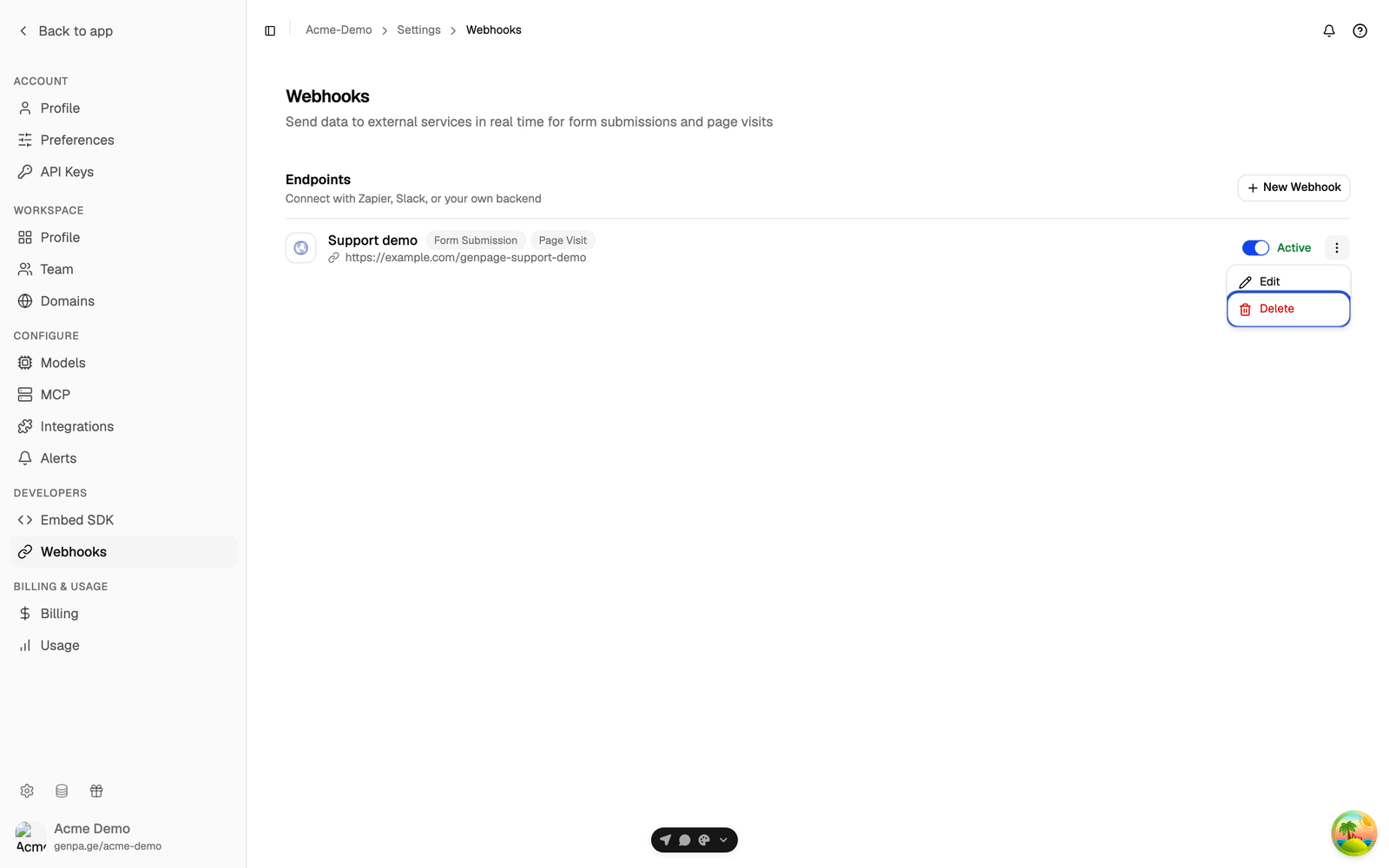 Webhook row menu open with the Edit and Delete items, Delete highlighted