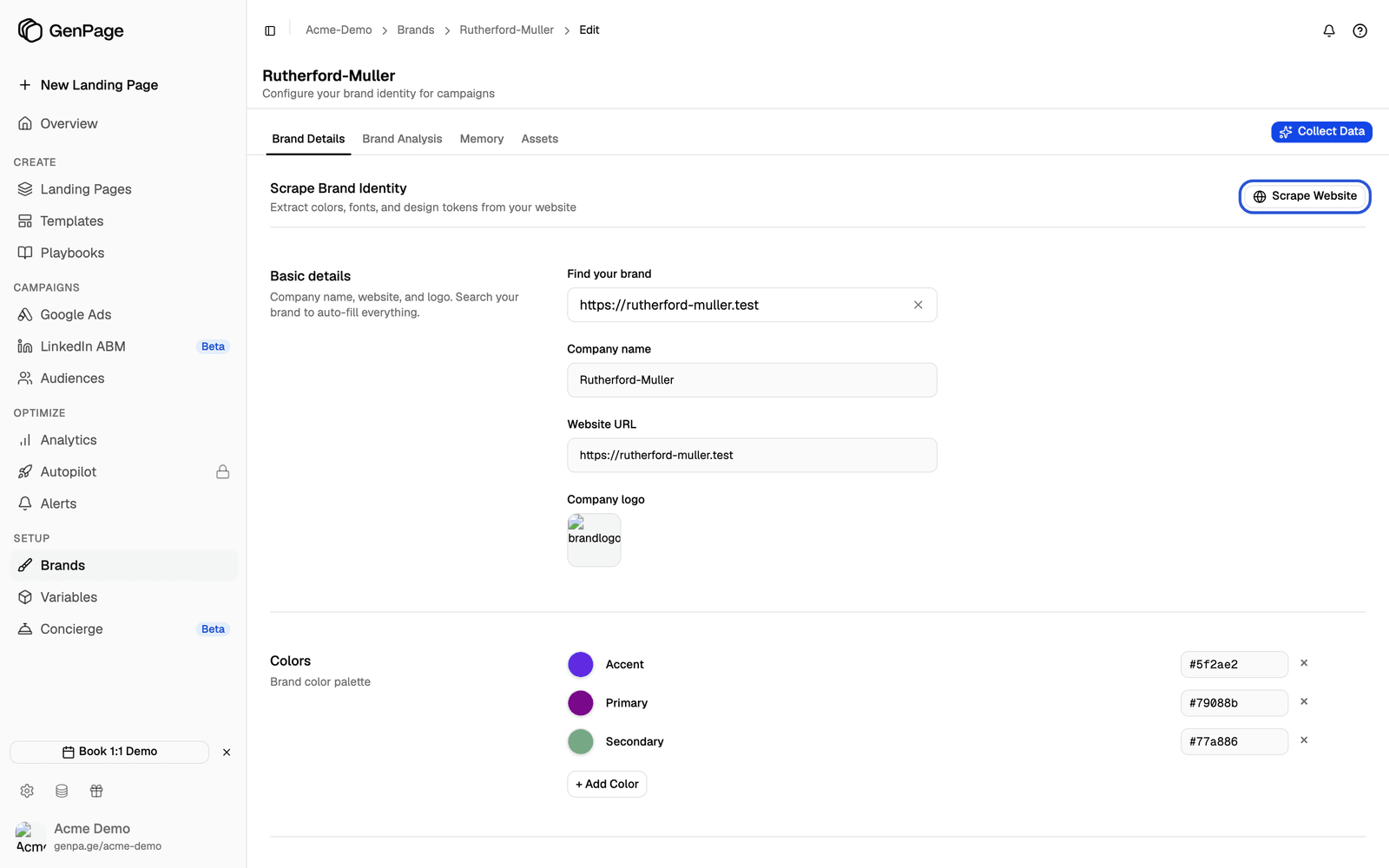 The Brand Details tab of a brand, showing Basic details, the colour palette and the Scrape Website button highlighted