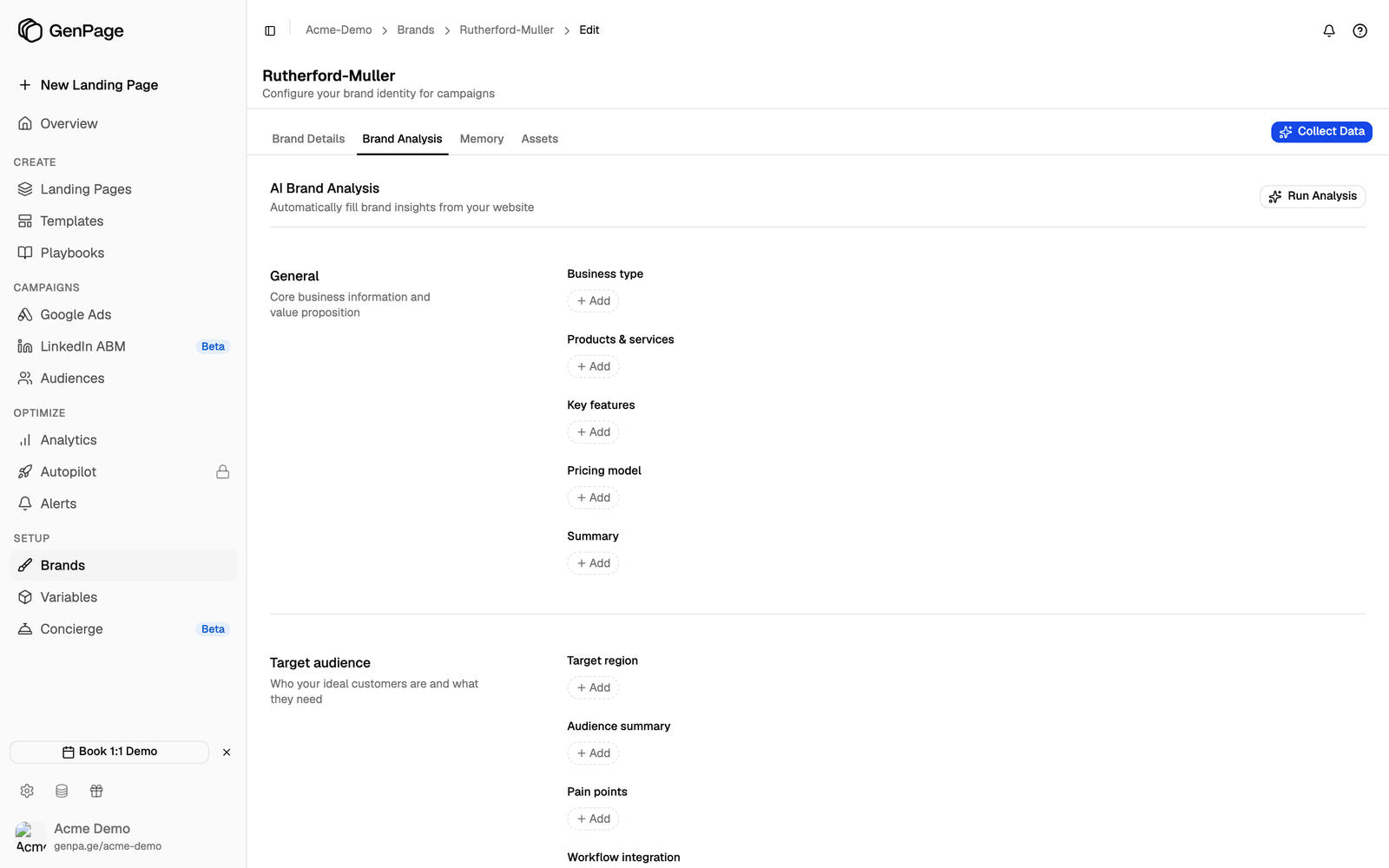 The Brand Analysis tab with the General and Target audience sections and the Run Analysis button