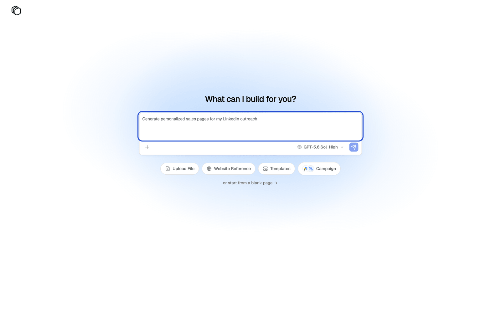 The Create Landing Page wizard with the prompt box highlighted under the heading What can I build for you