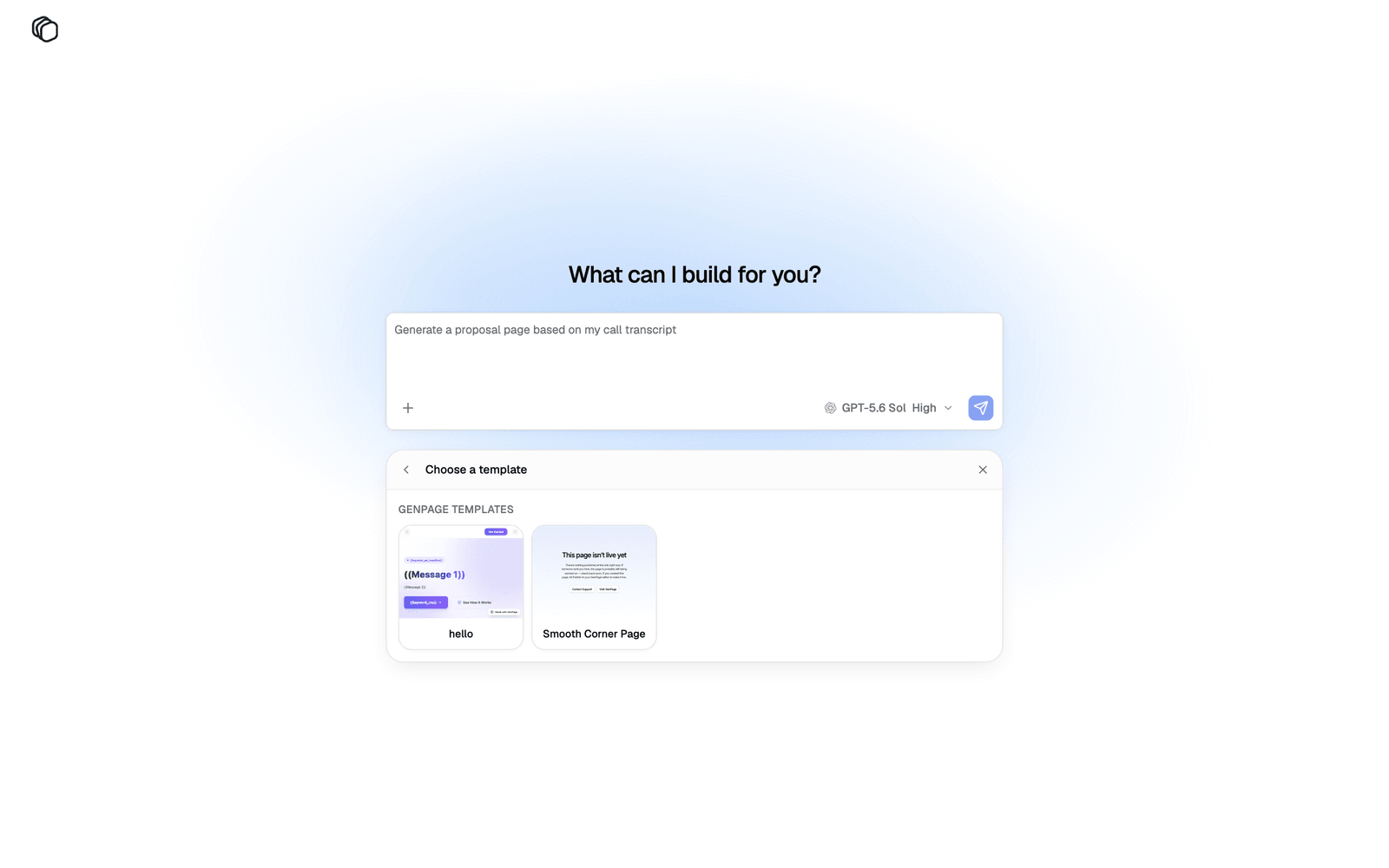 The Choose a template panel open under the prompt box, listing the workspace templates