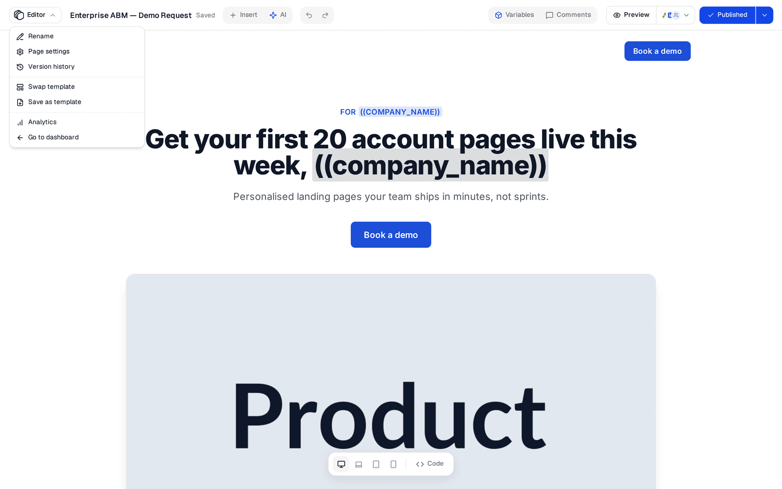 The Editor menu open, listing Rename, Page settings, Version history, Swap template, Save as template, Analytics and Go to dashboard
