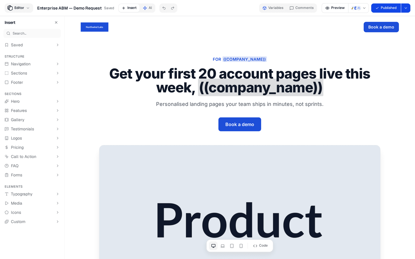 The Insert panel listing Saved, then Structure, Sections and Elements categories