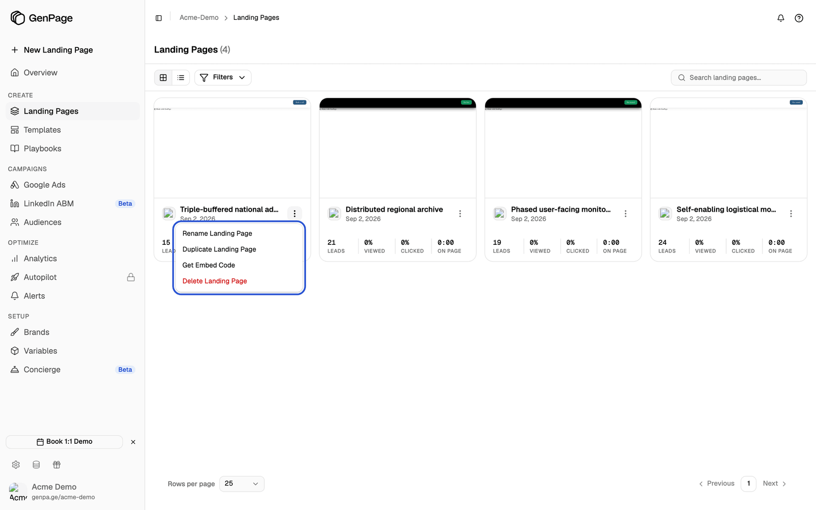 Landing page card menu open showing Rename, Duplicate, Get Embed Code and Delete Landing Page