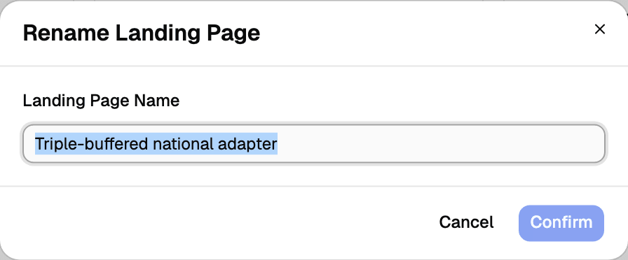 Rename Landing Page dialog with the Landing Page Name field filled in