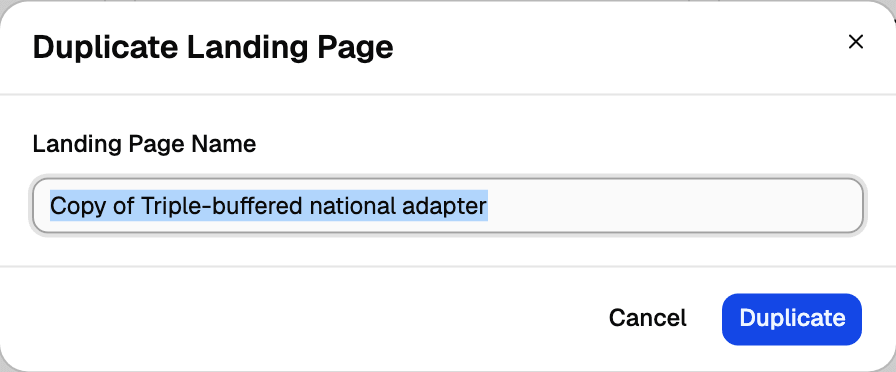 Duplicate Landing Page dialog with the name prefilled as Copy of the original