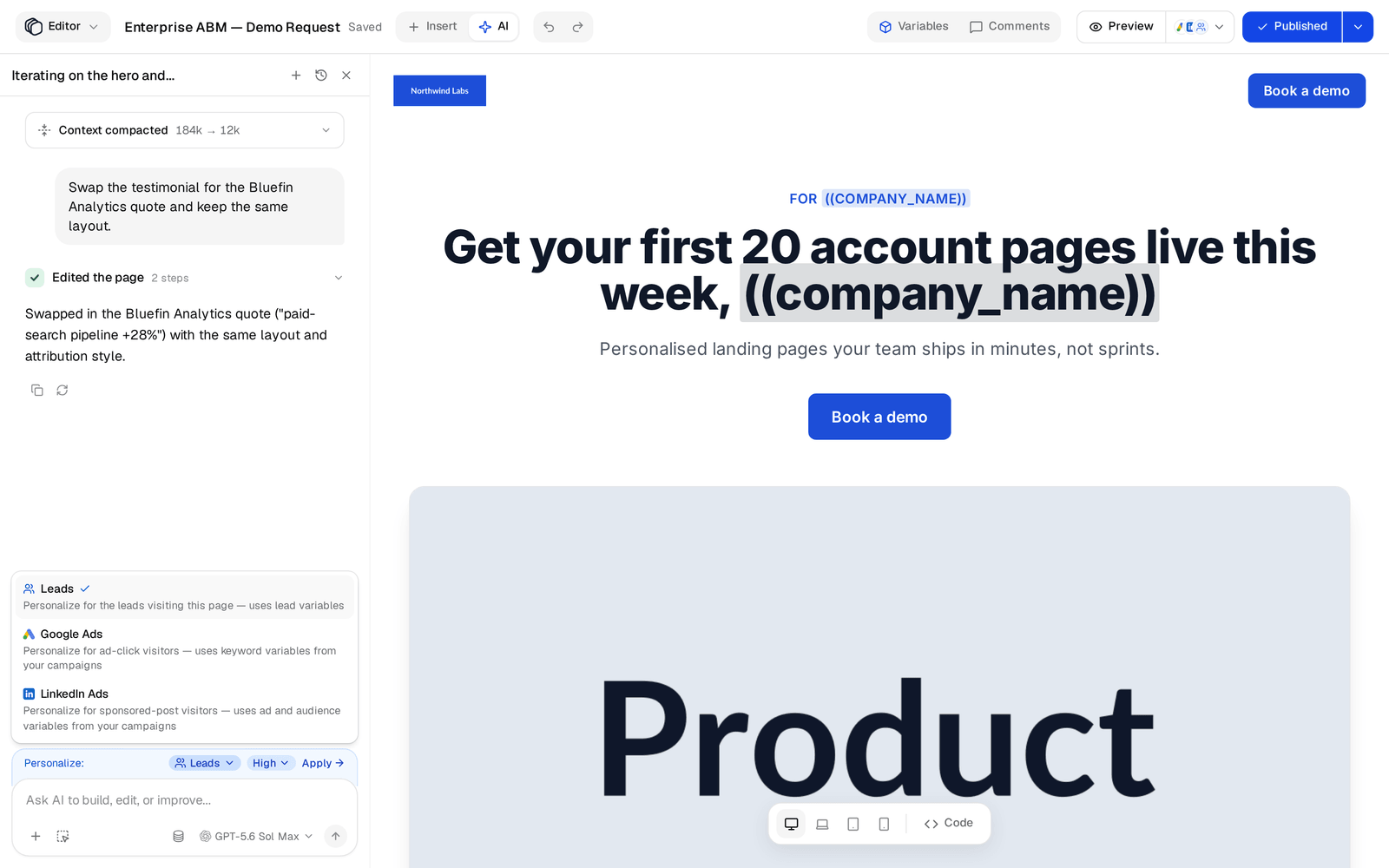 The Personalize source menu showing Leads, Google Ads and LinkedIn Ads