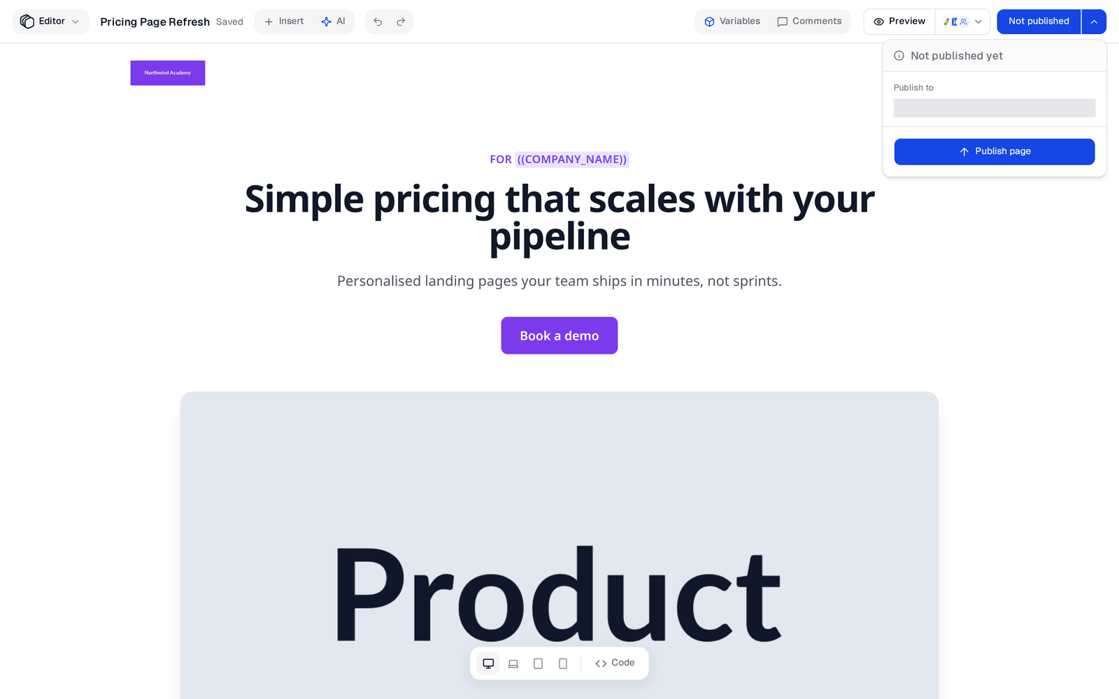 The publish menu on a page that has never been live, showing Not published yet and a Publish page button