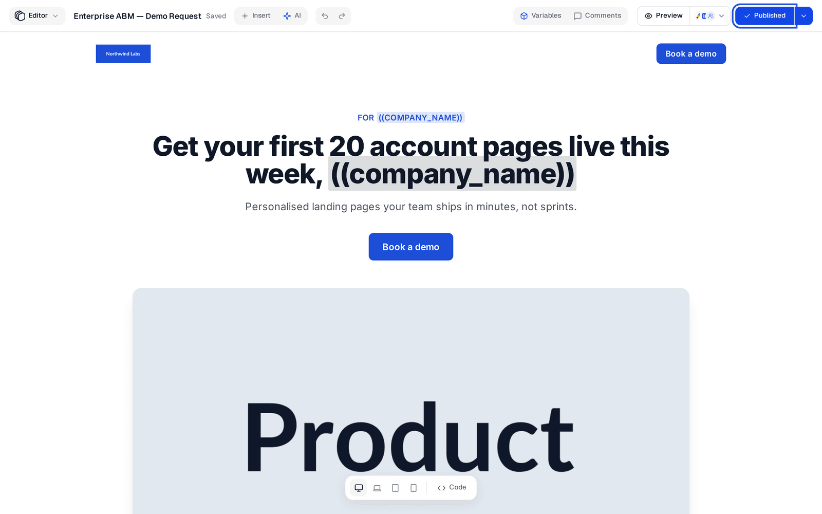 The editor toolbar of a live page, with the Published button highlighted