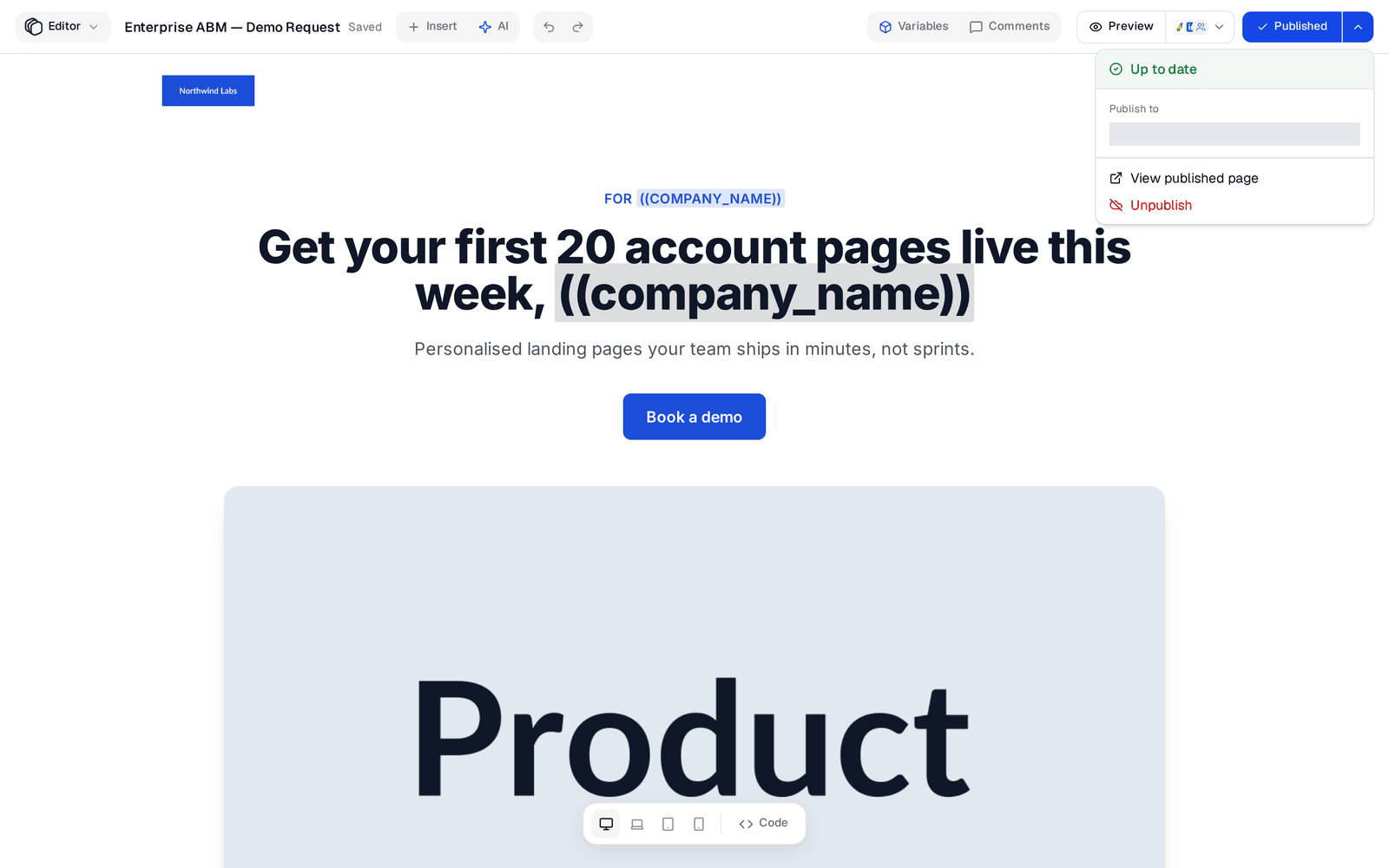 The publish menu on a live page, showing Up to date, View published page and Unpublish