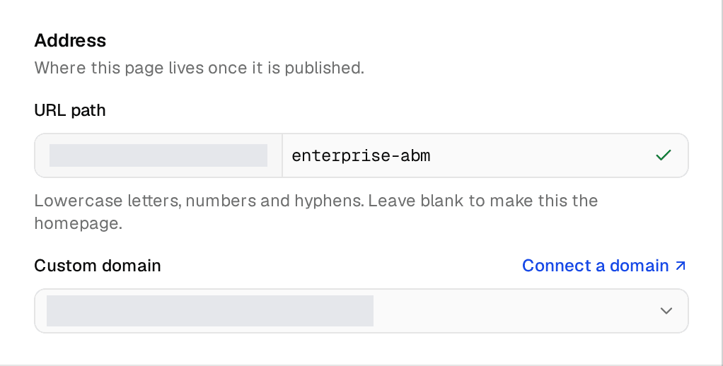 The Address section of Page settings, with URL path and Custom domain fields