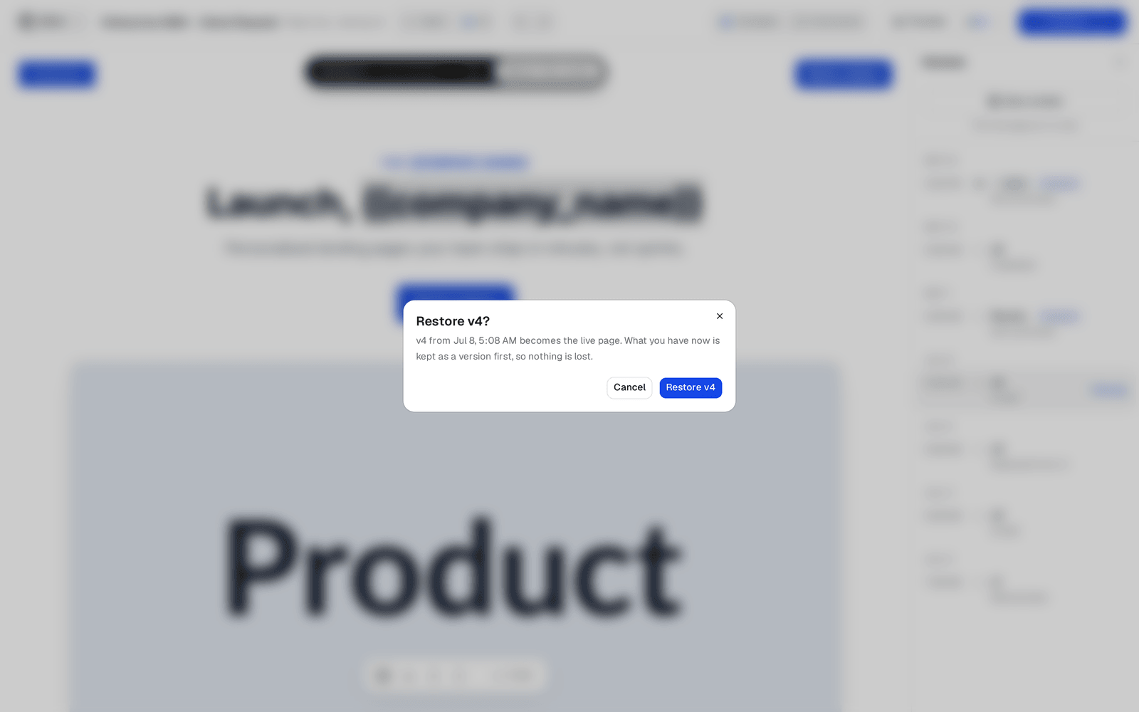 The Restore confirmation dialog naming the version and its date