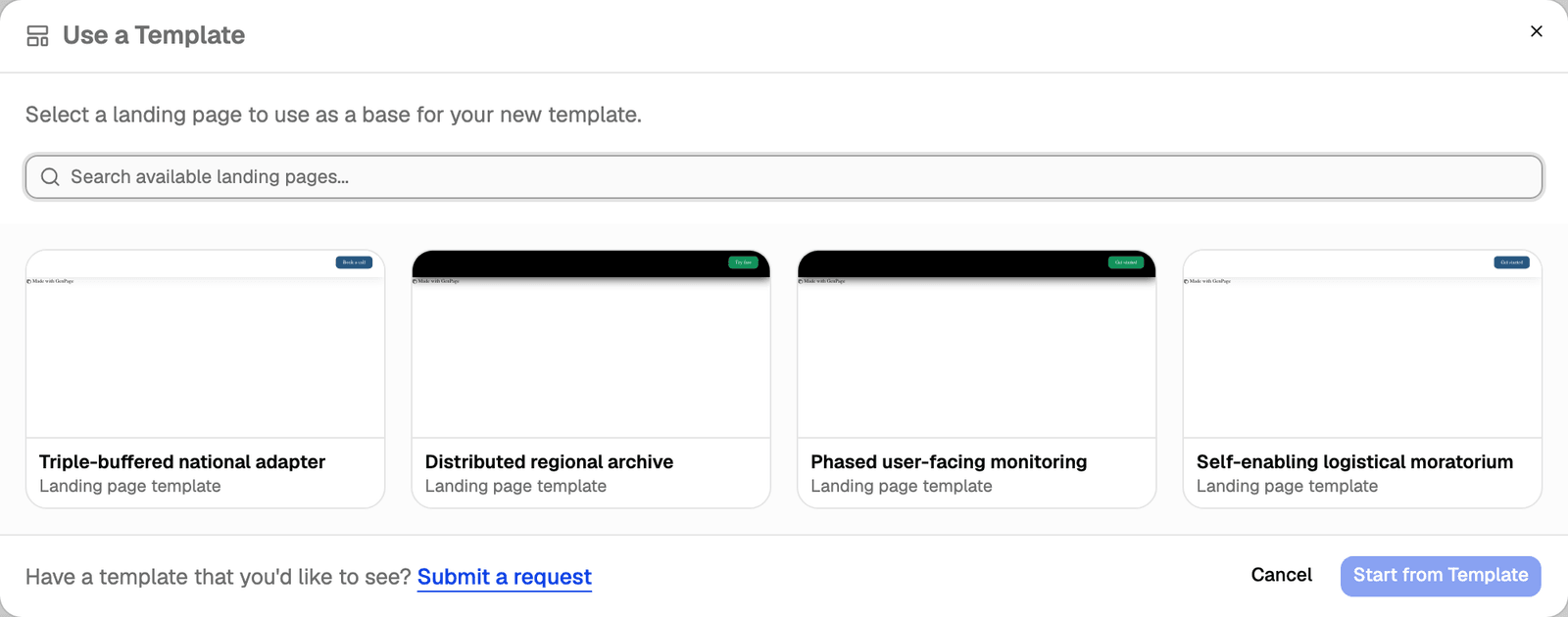 Use a Template dialog listing the workspace's landing pages with a search box above them