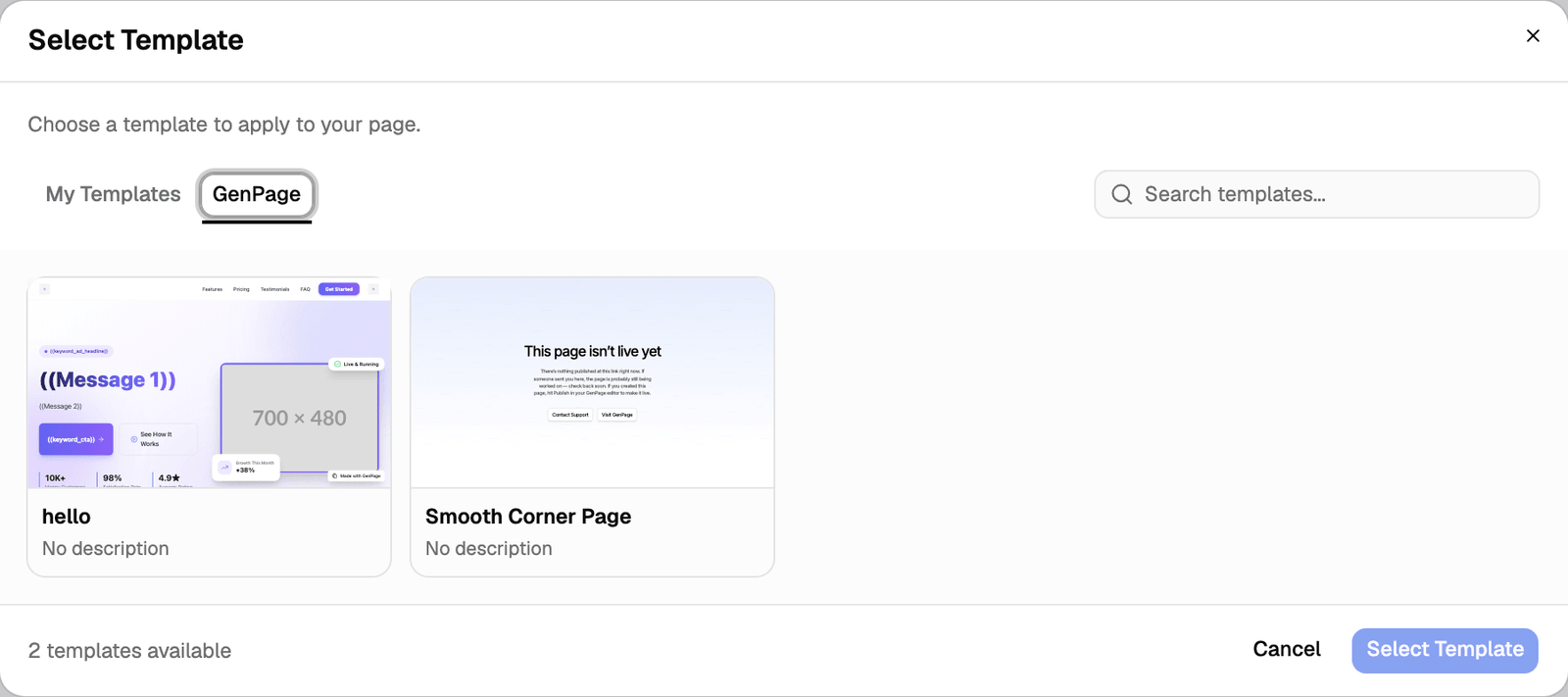 Select Template dialog with the GenPage tab open, two templates and the Select Template button at the bottom