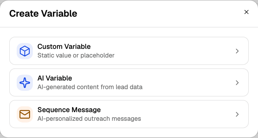 The Create Variable dialog offering Custom Variable, AI Variable and Sequence Message