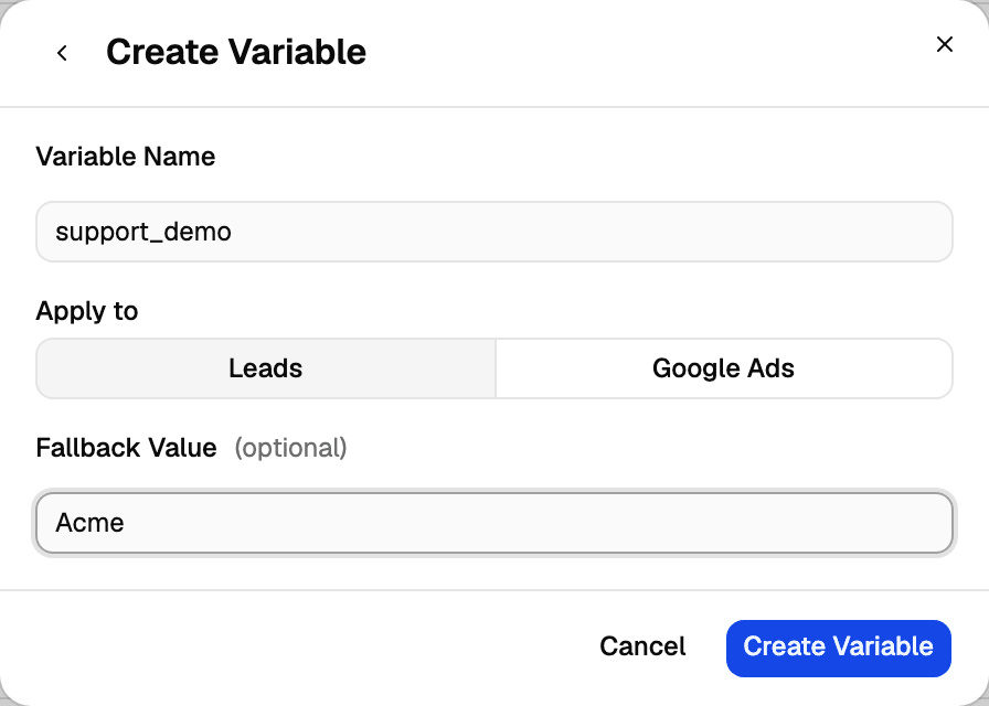 The Create Variable form with a name, Apply to set to Leads and a fallback value