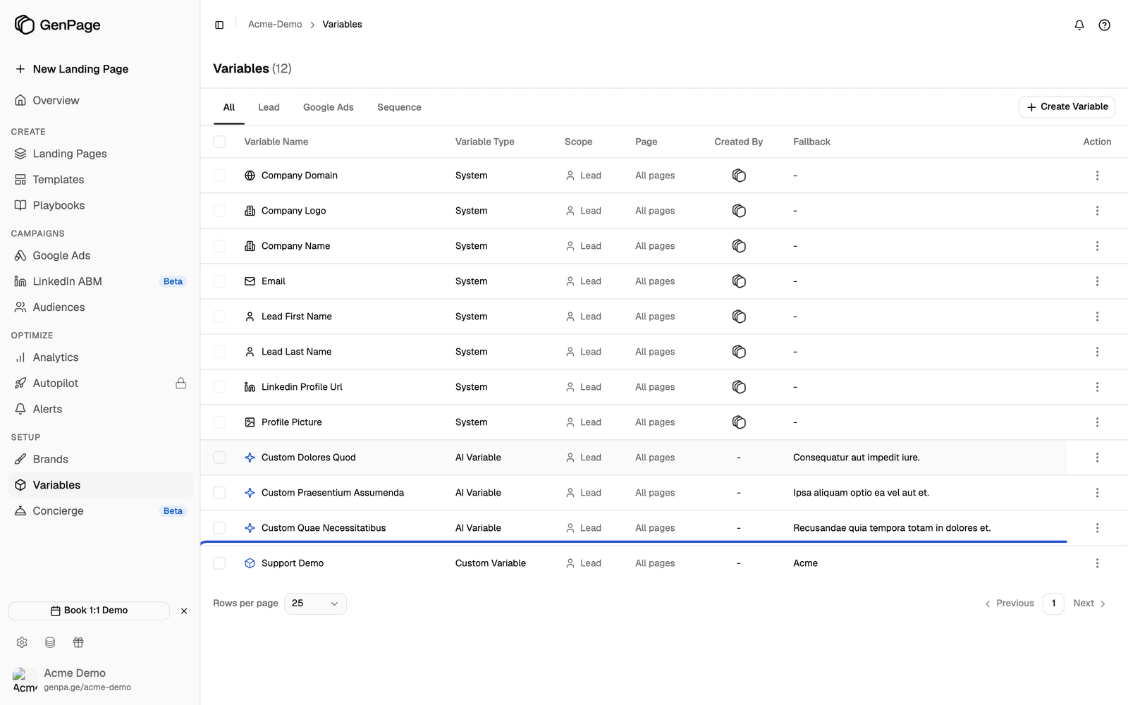 The Variables list with the newly created Support Demo row highlighted