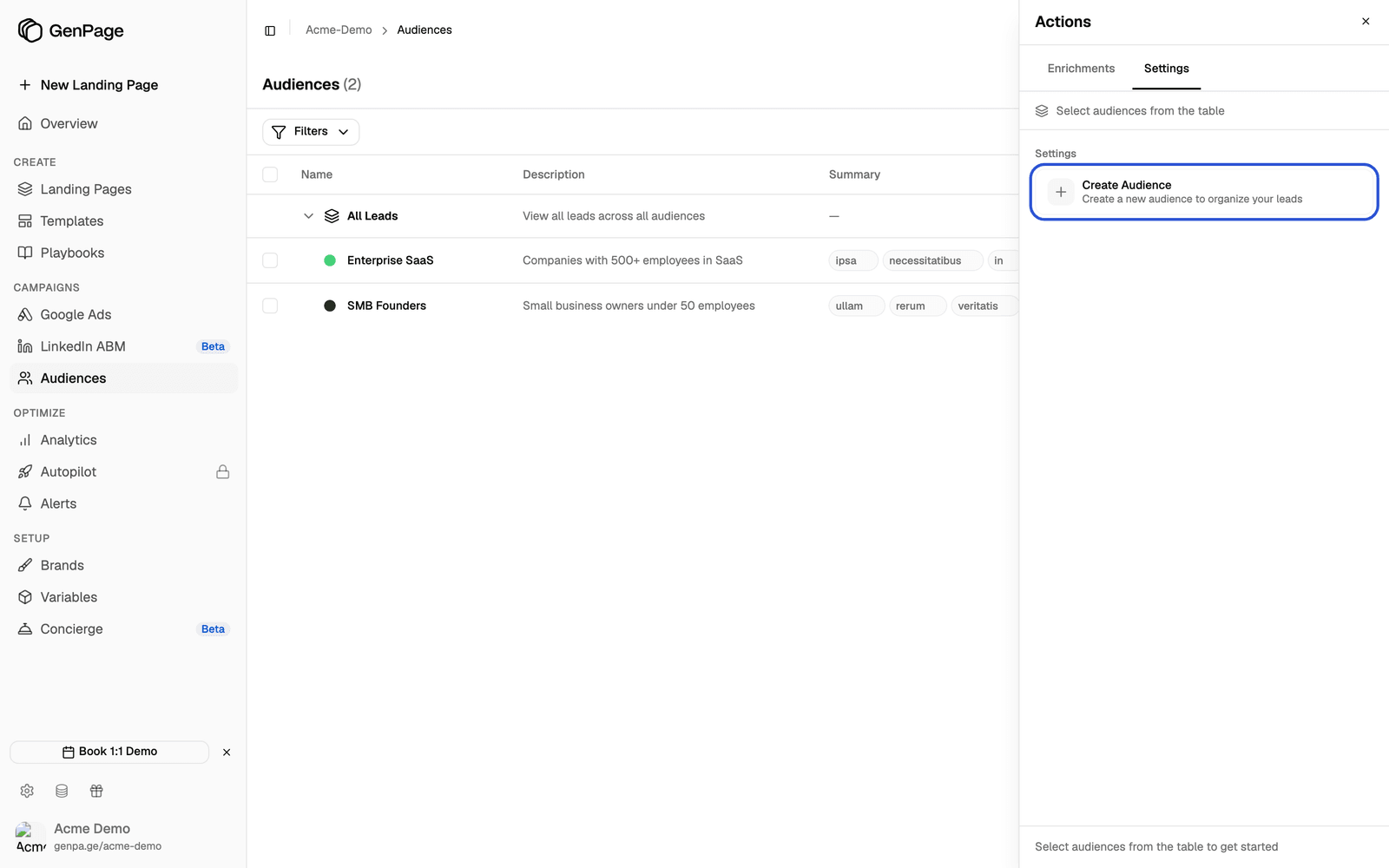 Actions panel open on the Settings tab with Create Audience highlighted