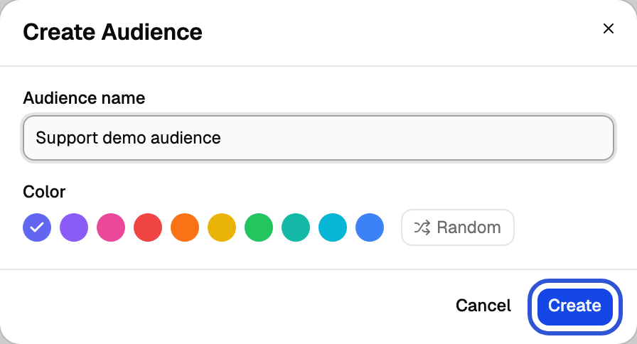 Create Audience dialog with a name filled in, a row of colour swatches and the Create button highlighted