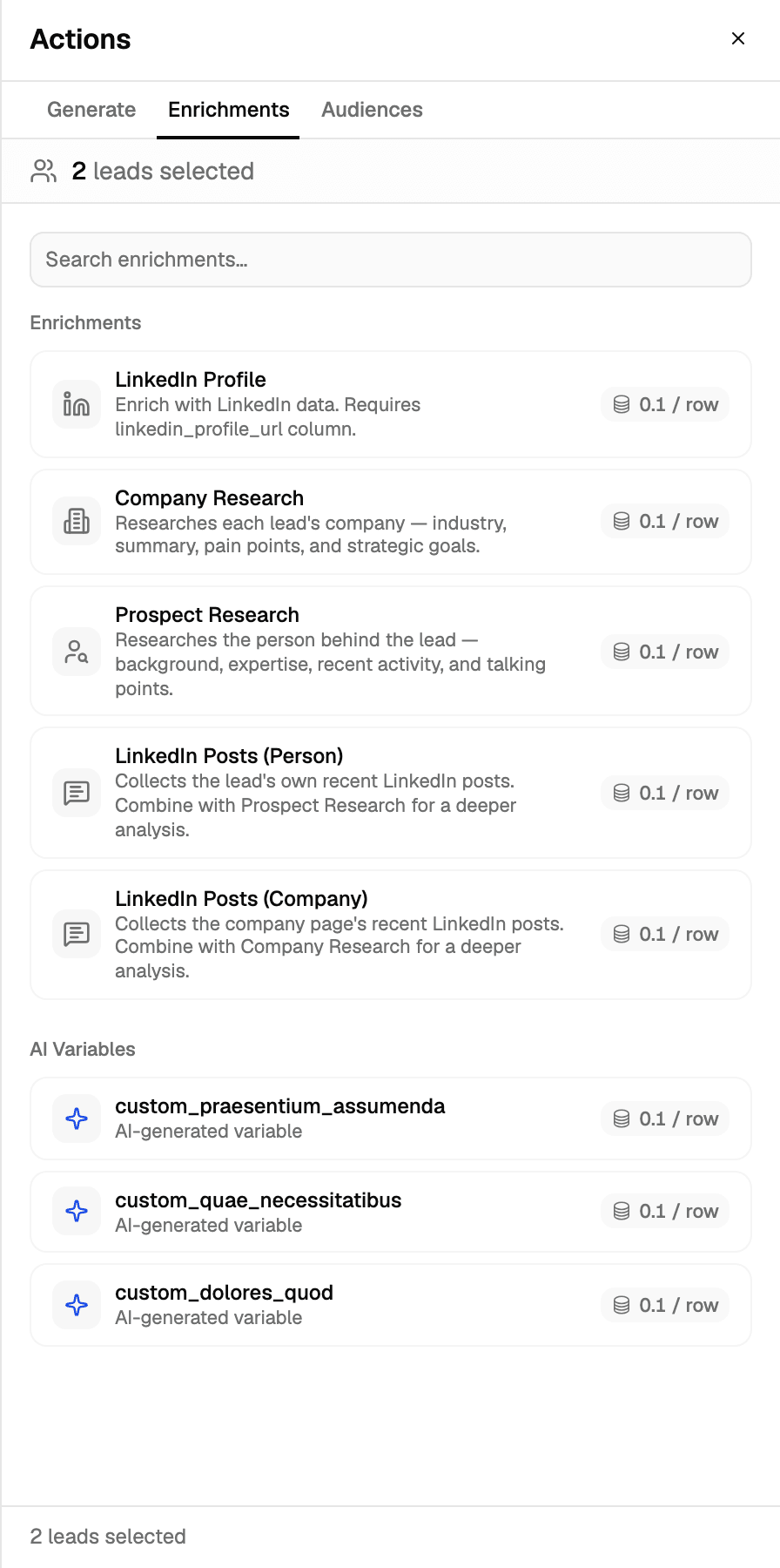 Enrichments tab listing LinkedIn Profile, Company Research, Prospect Research, LinkedIn Posts (Person), LinkedIn Posts (Company) and three AI variables, each priced at 0.1 credits per row