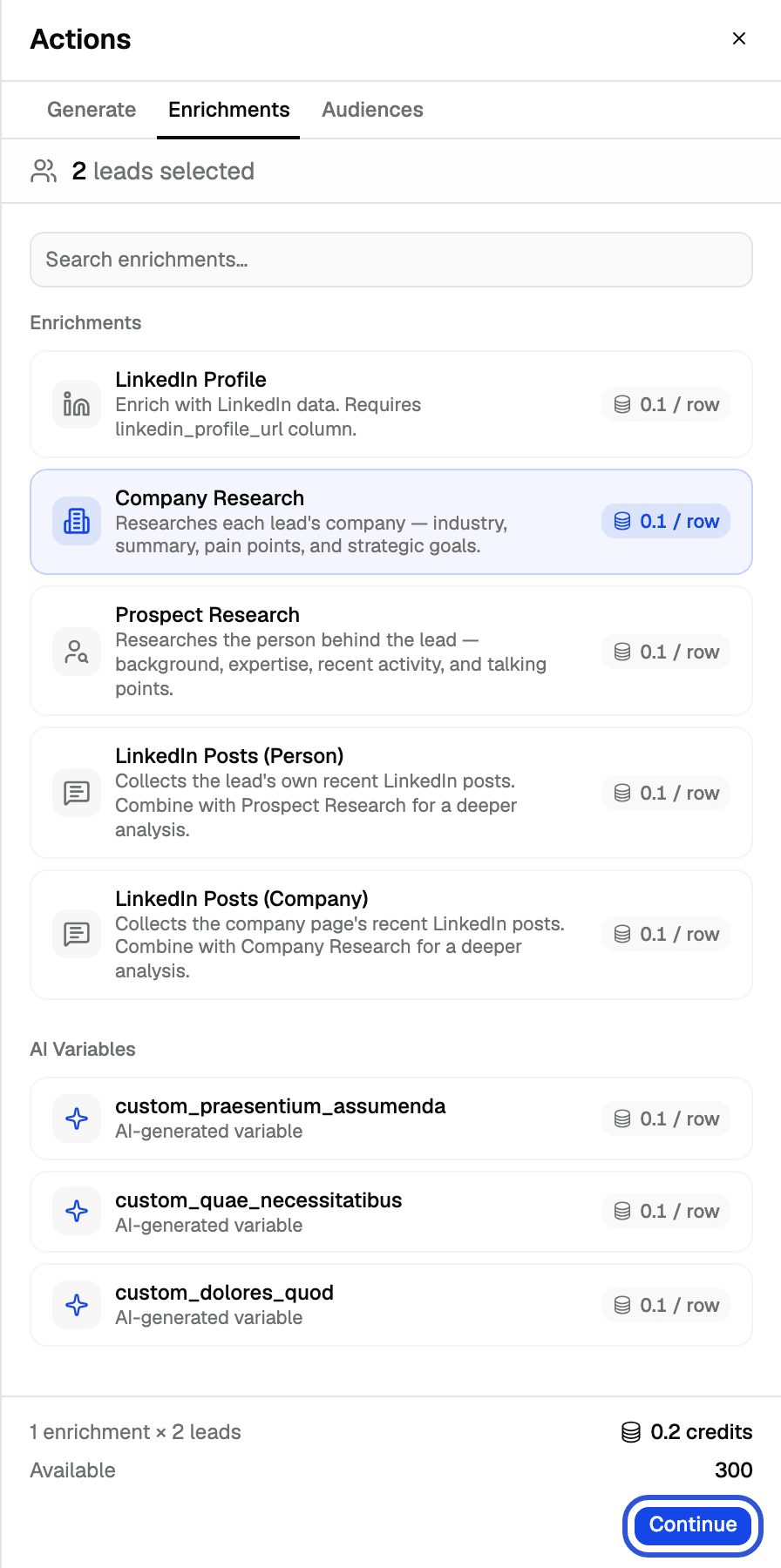 Enrichments tab with Company Research ticked, the footer reading 1 enrichment × 2 leads, 0.2 credits, Available 300, and the Continue button highlighted