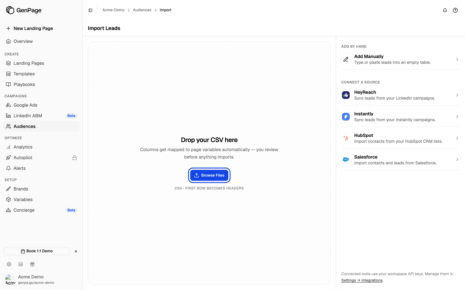 Import Leads page with the CSV drop area and the Browse Files button highlighted
