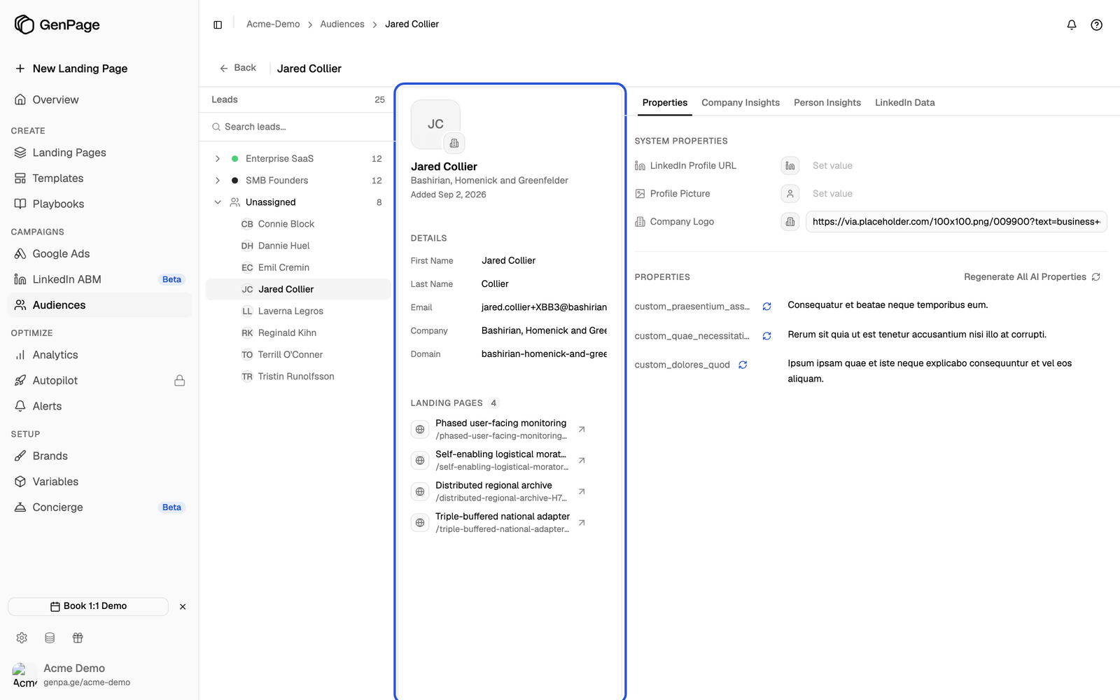 Lead profile with the details rail highlighted, showing name, company, and the first name, last name, email, company and domain fields