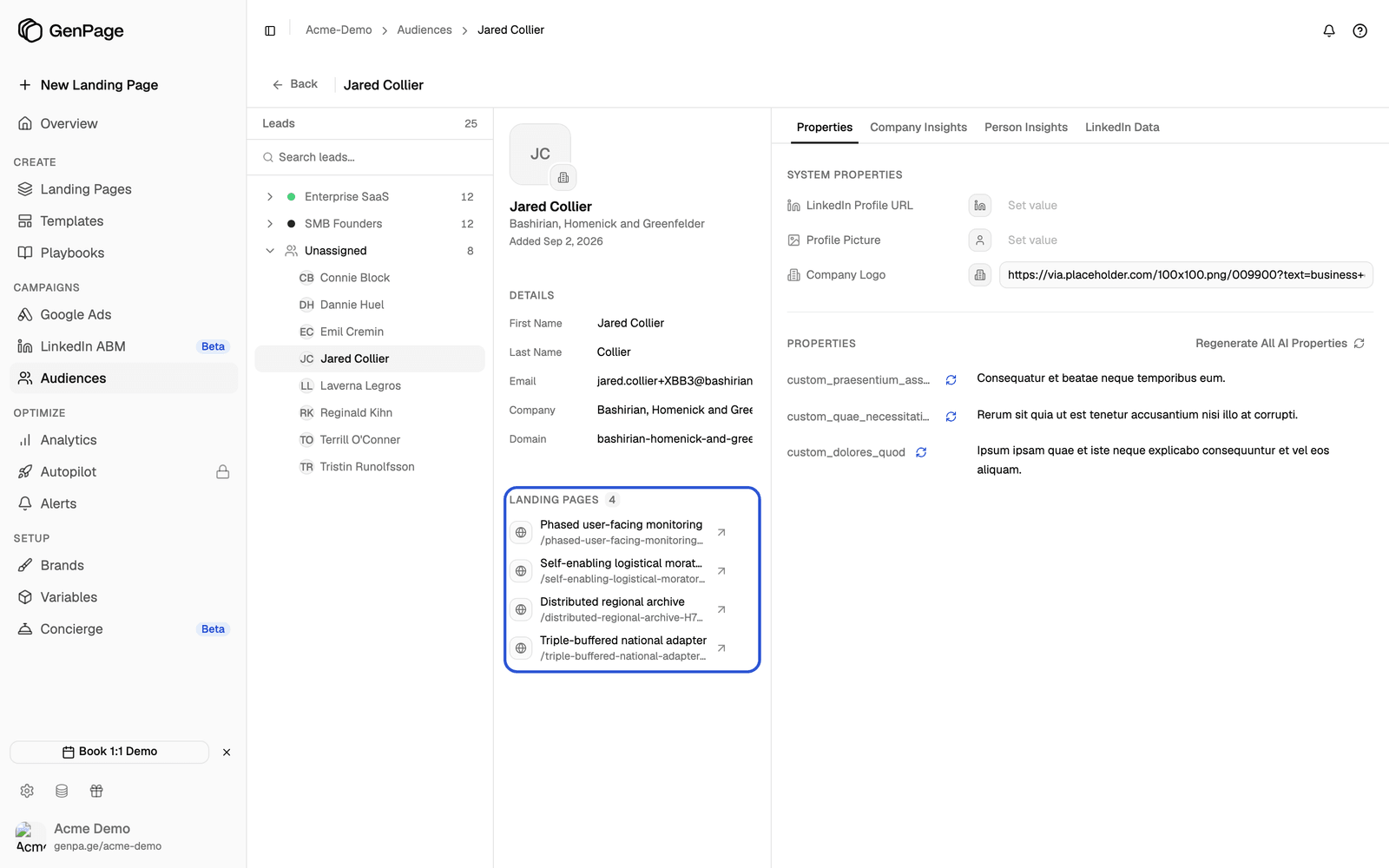 Lead profile with the Landing Pages section highlighted, listing four pages with their addresses