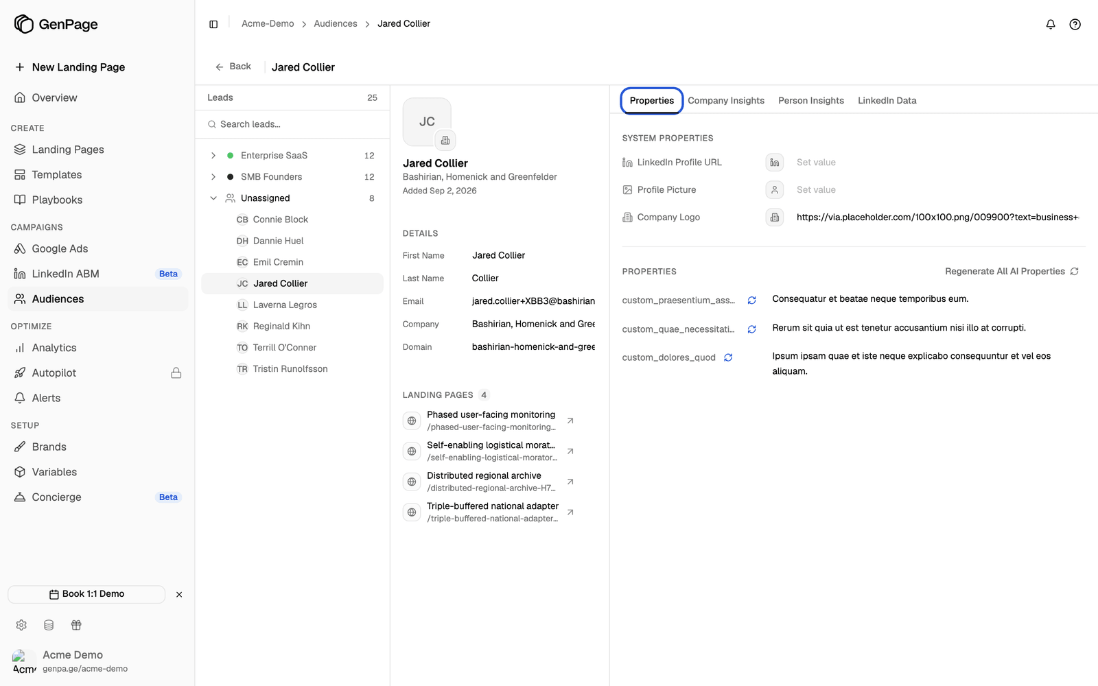 Lead profile on the Properties tab, showing System Properties and three custom properties with regenerate buttons