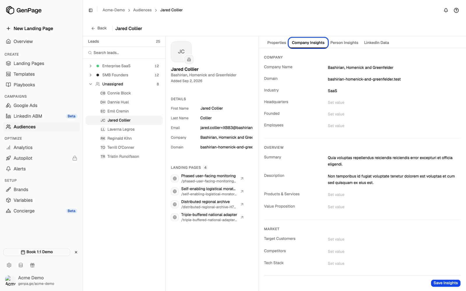 Company Insights tab showing company name, domain, industry, summary and description fields