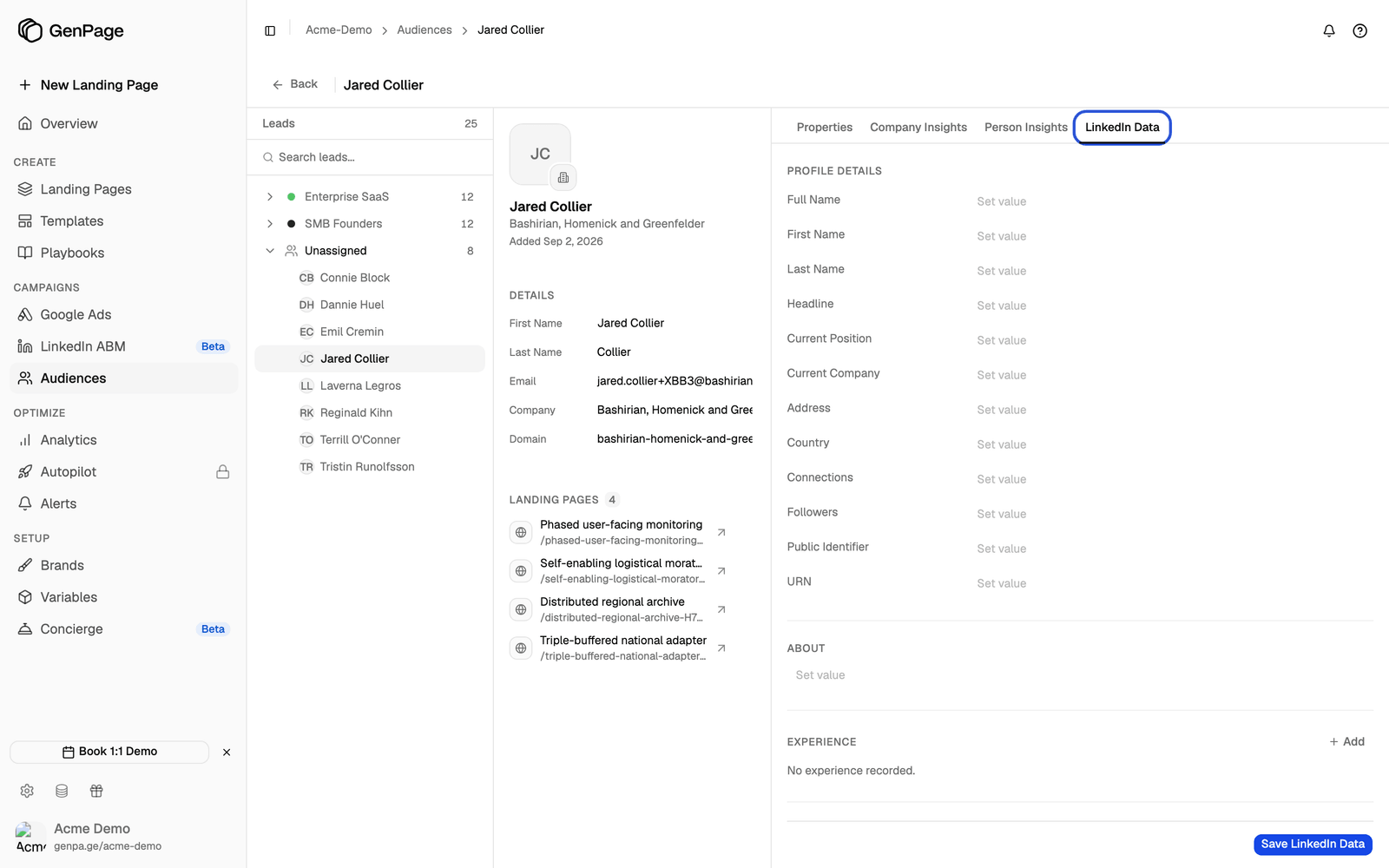 LinkedIn Data tab showing profile detail fields and an empty experience section