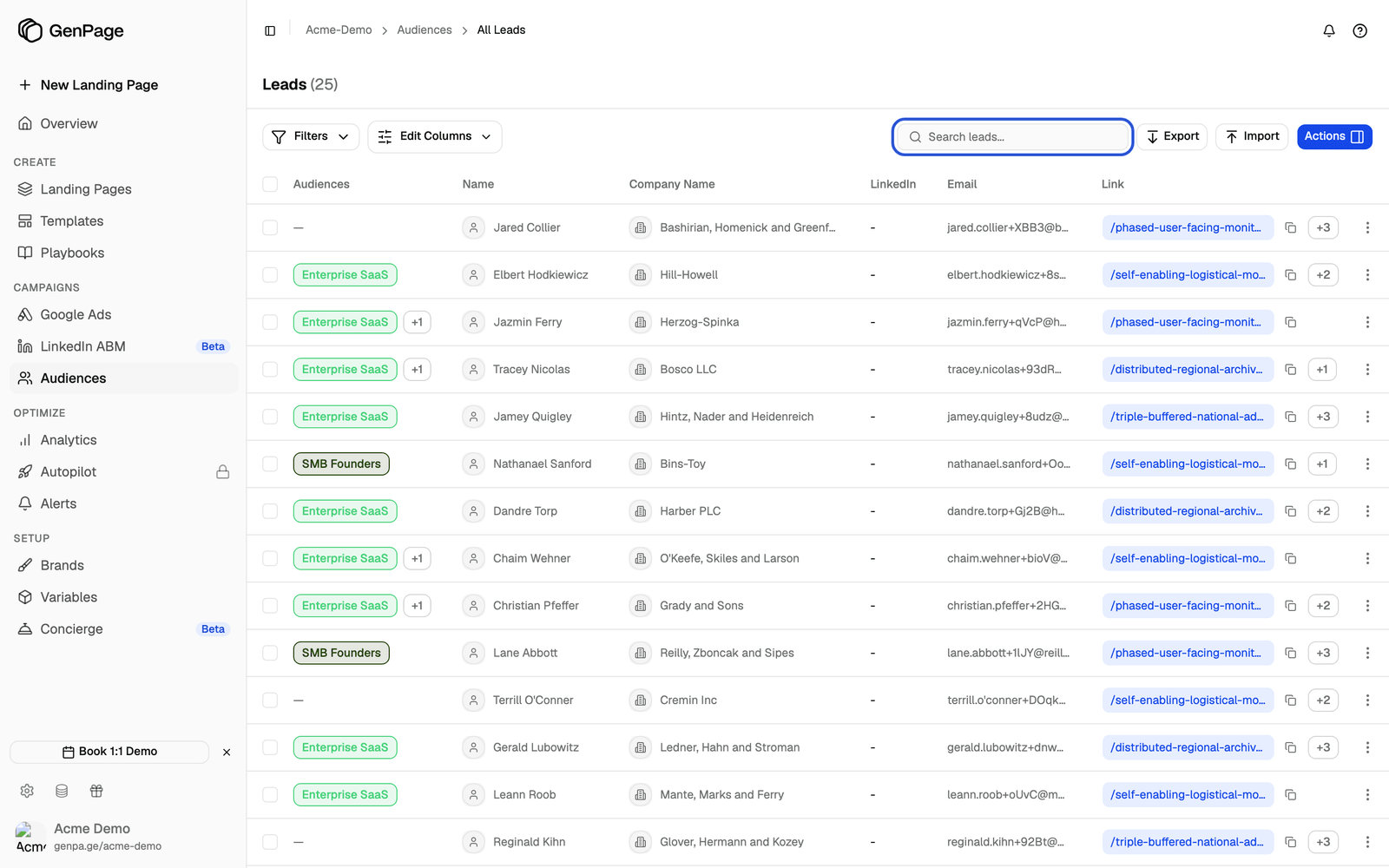 All Leads table with the search box highlighted