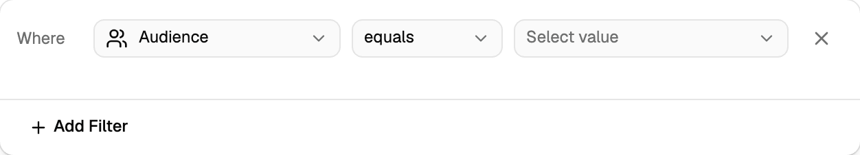 Filter popover with one row set to Where Audience equals, and an Add Filter button