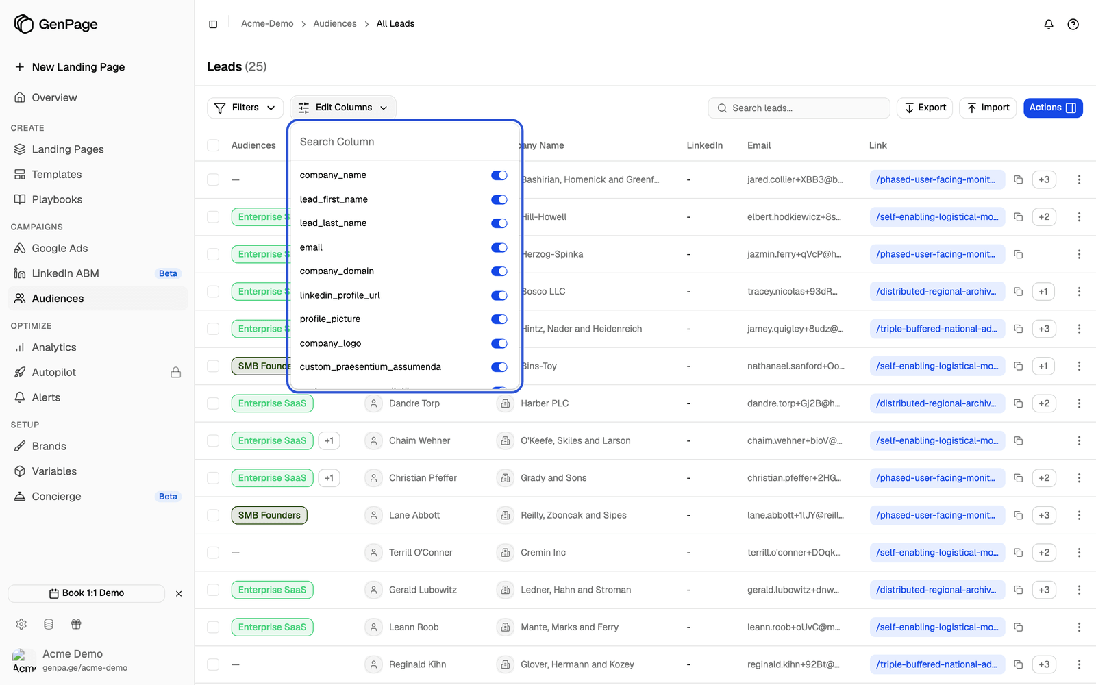 Edit Columns menu open over the leads table with a switch beside each variable