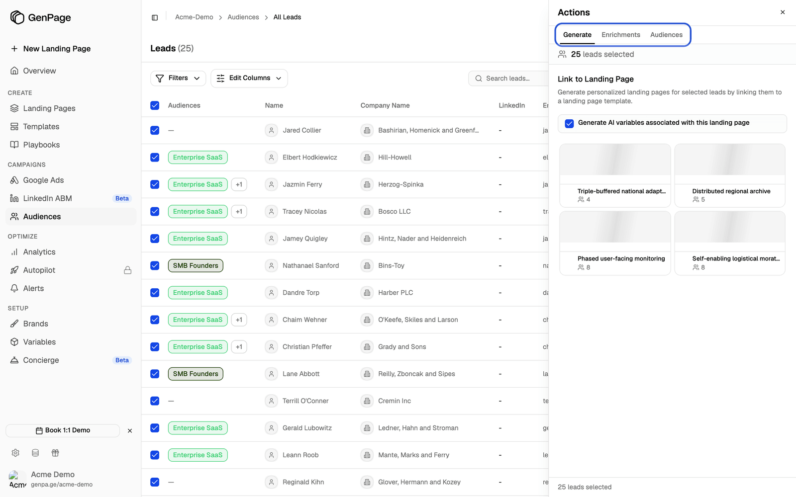 Actions panel open beside the table, showing the Generate, Enrichments and Audiences tabs