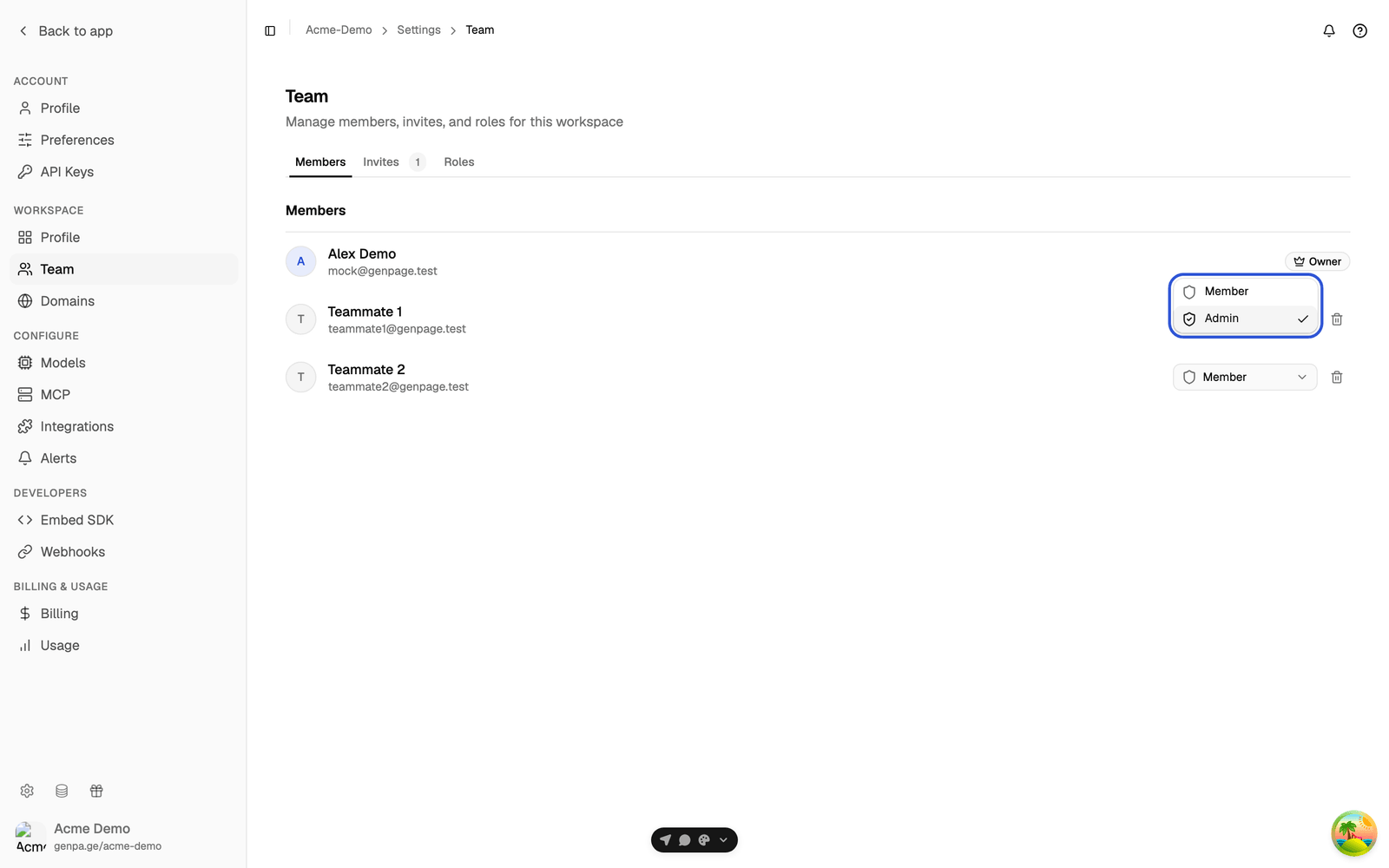 Role selector open on a teammate's row, showing the Member and Admin options with Admin checked
