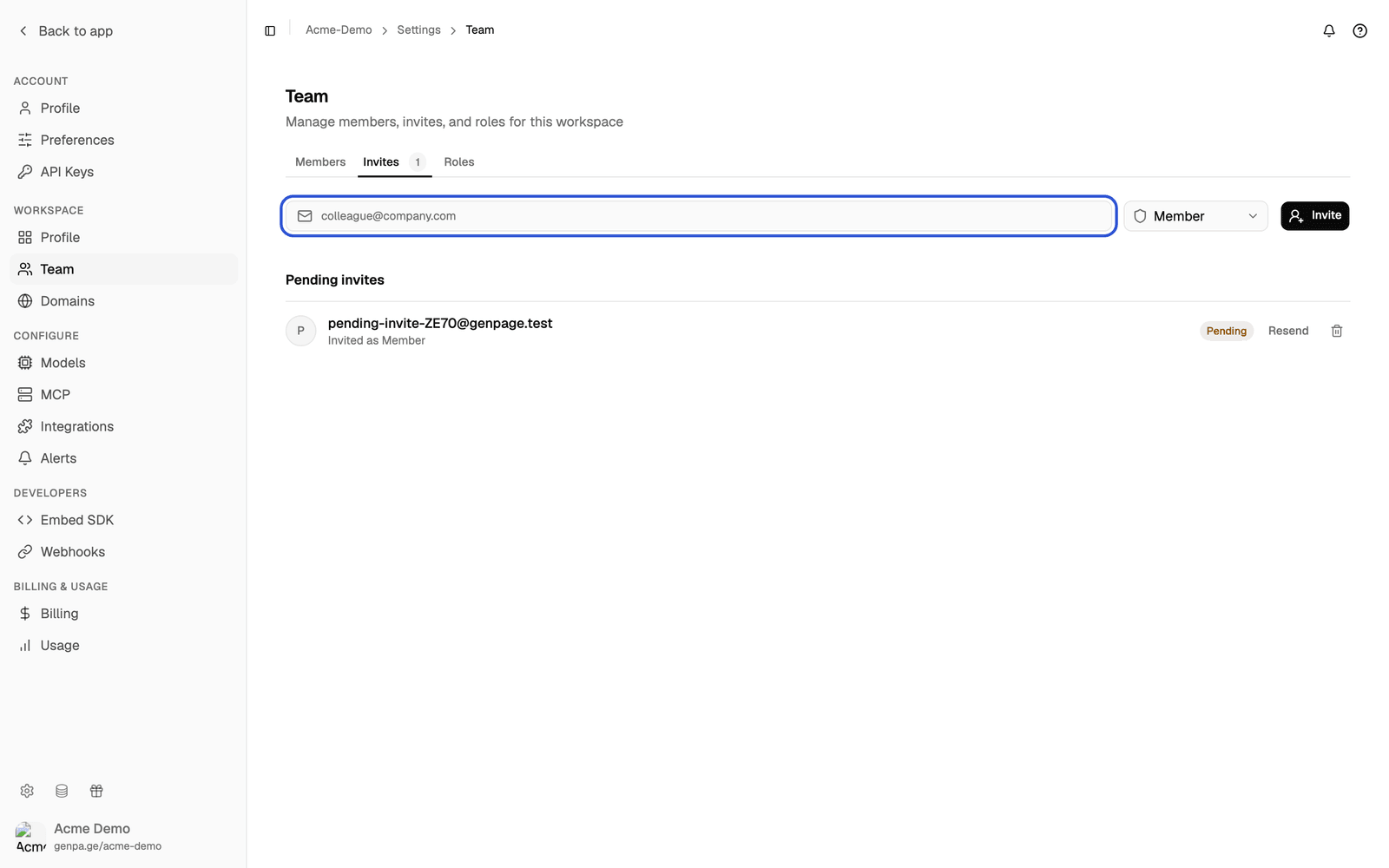 Invite form with the email field and the role selector