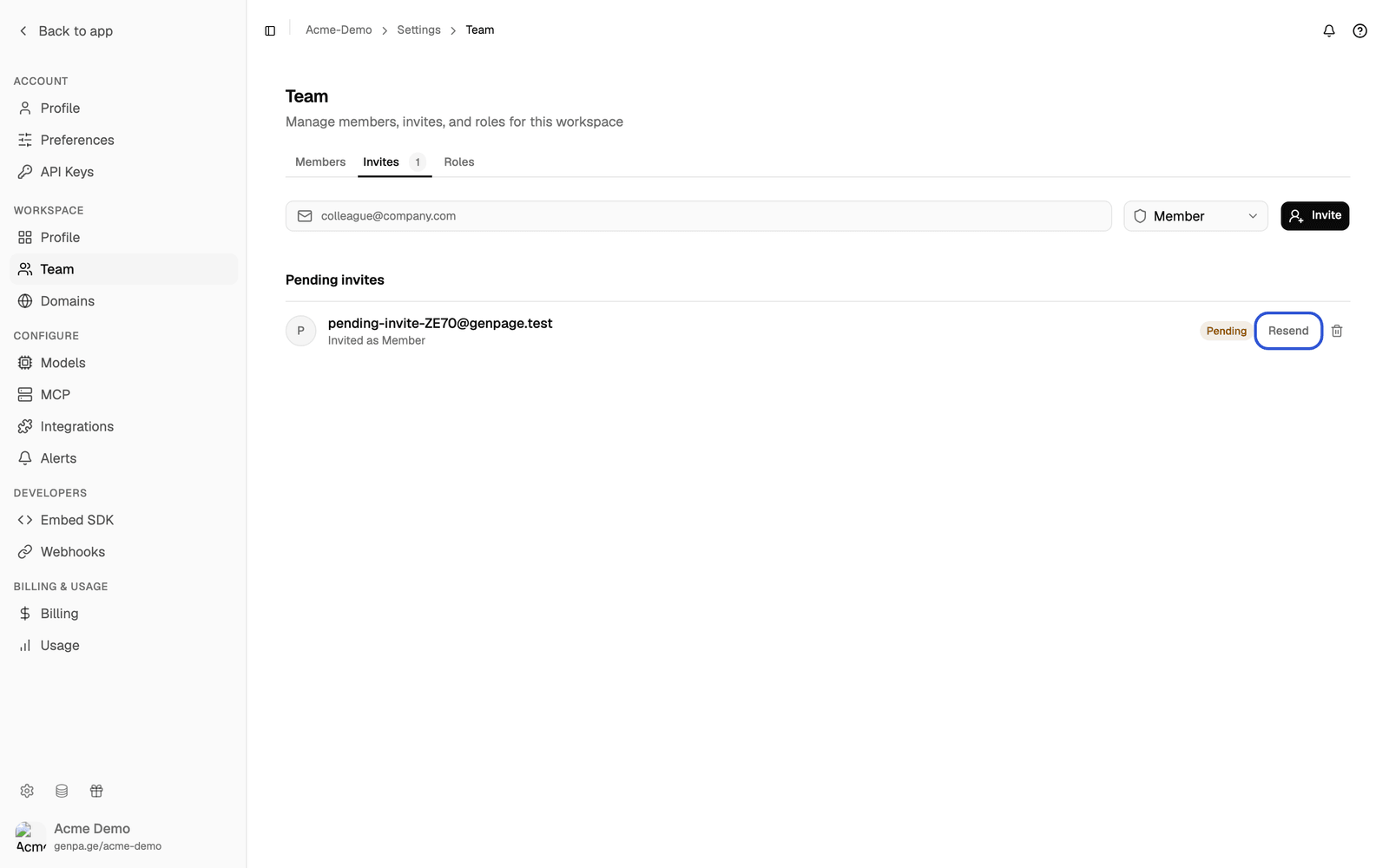 Pending invites list with the Resend and Cancel invitation actions