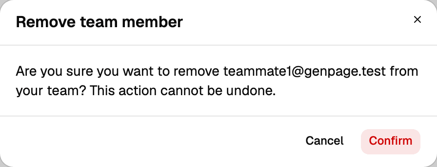 Remove team member dialog asking to confirm removing a teammate, with Cancel and Confirm buttons