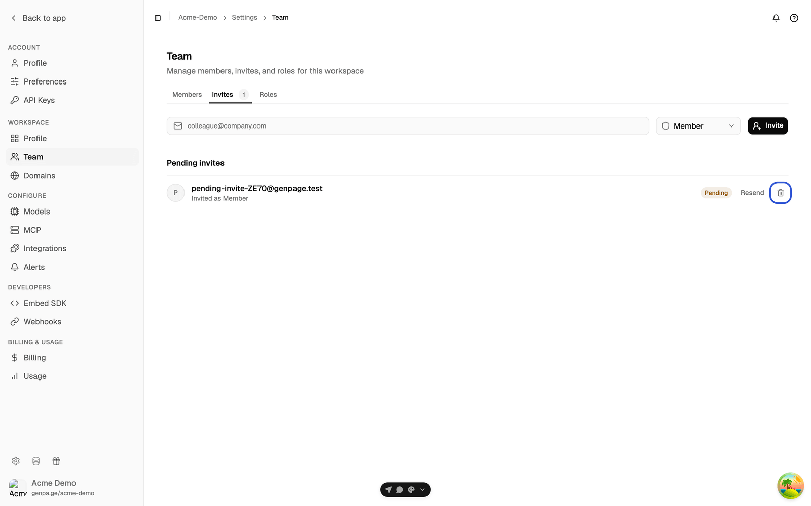 Invites tab with the Cancel invitation trash icon on a pending invitation highlighted