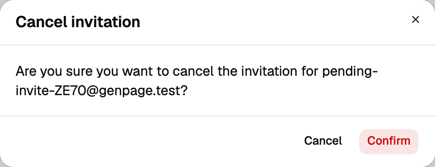 Cancel invitation dialog asking to confirm cancelling the invitation, with Cancel and Confirm buttons