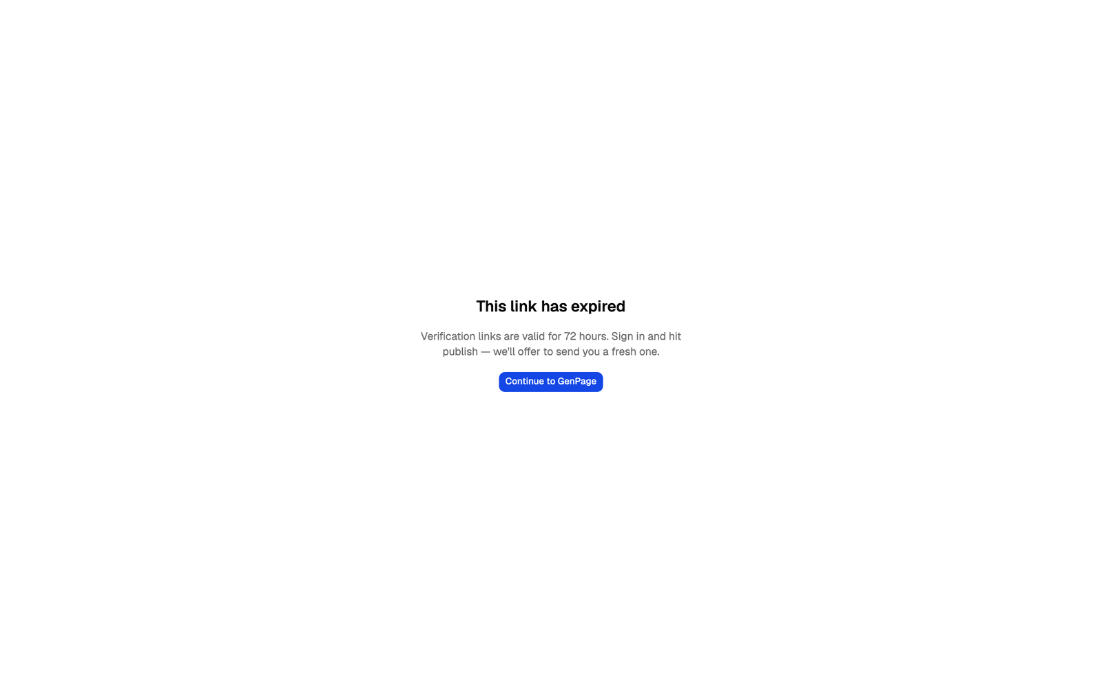 The page a verification link opens when it has expired, reading This link has expired
