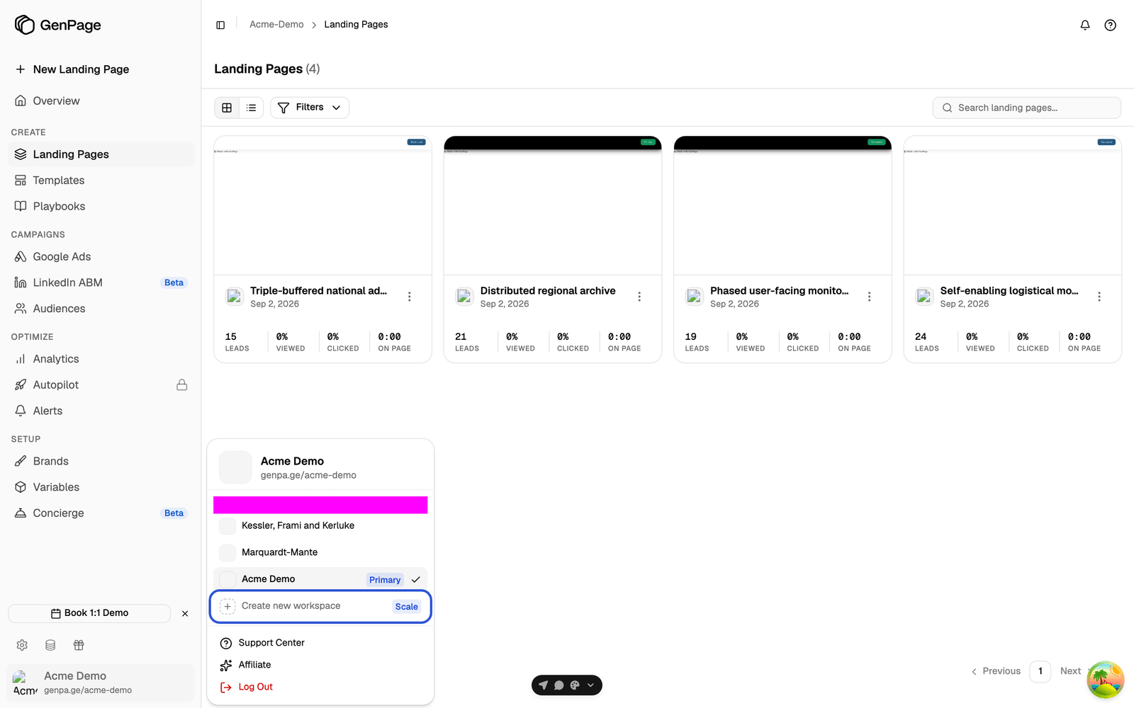 The workspace switcher menu open above the sidebar footer, with the Create new workspace entry highlighted and a Scale badge next to it