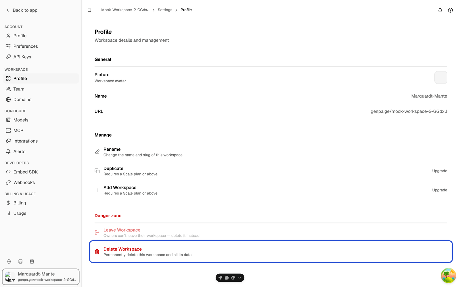 Workspace profile page of a non-primary workspace with the Delete Workspace row highlighted in the Danger zone