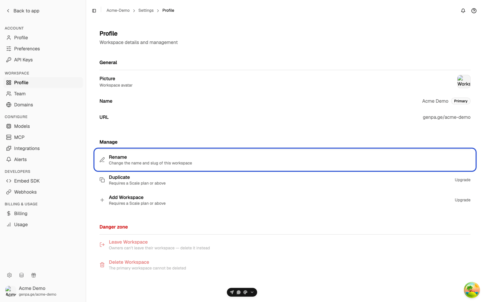 The Manage section with the Rename action highlighted