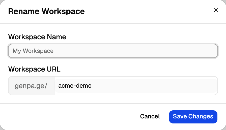 Rename Workspace dialog with the Workspace Name and Workspace URL fields
