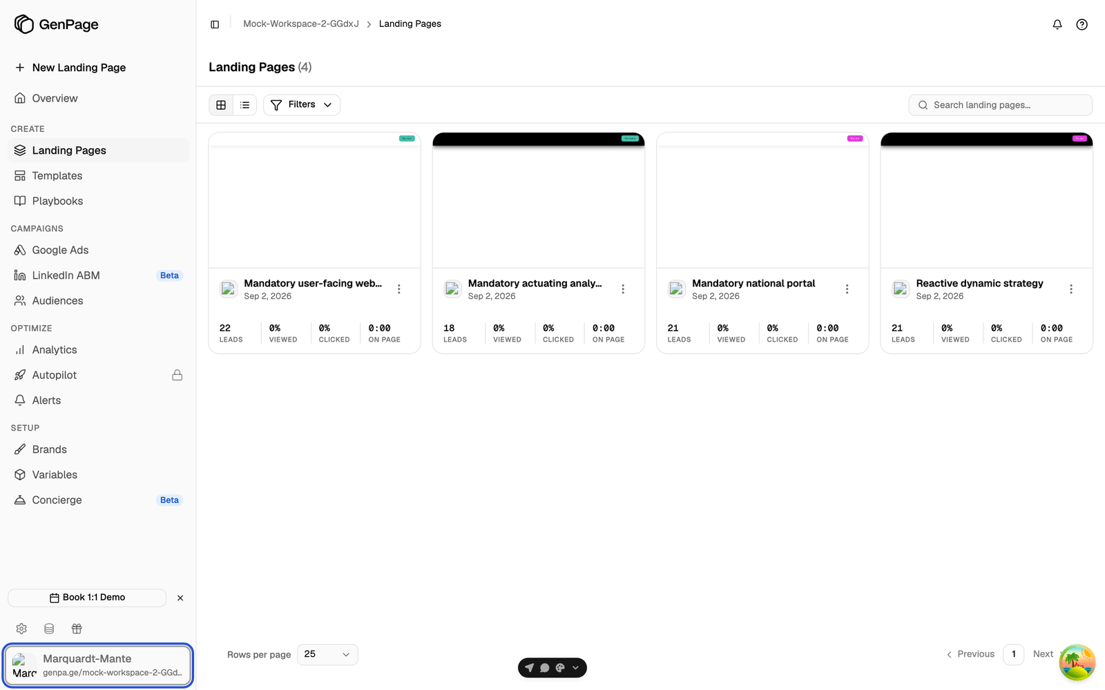 Landing Pages page of the chosen workspace, with the switcher at the bottom of the sidebar highlighted and showing the new workspace name